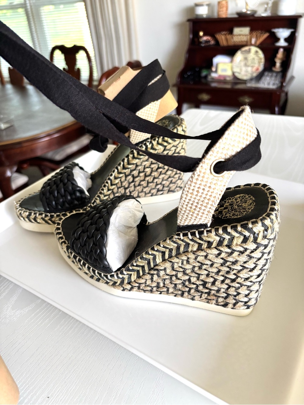 NEW Vince Camuto Black Braided Espadrille Wedge Sandals | Ankle Wrap | size 8 - Picture 7 of 8